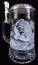 FIYE Etched Glass Eagle Stein w/ Fine Pewter Lid ~  picture