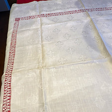 White Linen Tablecloth Fleur de Lis Pattern Drawnwork Border picture