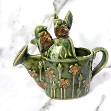 VTG Ceramic Watering Can/Planter  Floral With Pair Of Birds Green Brown 5” picture