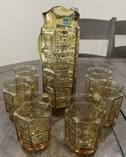 Morgantown Glass Seville Amber Martini Cocktail Set Pitcher 6 Glasses Geometric picture