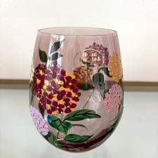 Hand Painted Hydrangea Stemless Wine Glass Chic Fall Floral Barware NEW picture