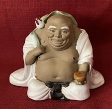Vintage Happy Buddha With Lotus Flower Wanjiang Mudman Clay Figurine Rare picture