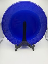 Signed Cobalt Blue Art Glass Charger Plate Dragon Etched 13” picture