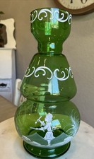 Vtg FENTON Emerald Green Glass Vase Hand Paint Mary Gregory 11” Lady Snow Xmas picture