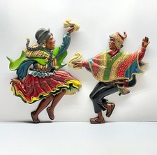 2 Vintage Bolivian Folk Art Dancing Man Woman Cholita Cholo Carved Wood Plaques picture