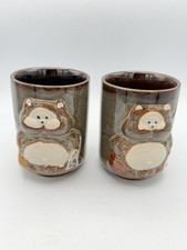 Vtg Japanese Tanuki Tea Cups Set of 2 Raccoon Dog Yunomi Made in Japan picture