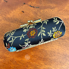 VTG Chinese Silk Brocade Lipstick Case Holder Embroidered Floral, mirror, NOS picture