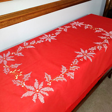 Handmade Christmas Tablecloth Poinsettias Red with White Cross Stitch Lace Edge picture