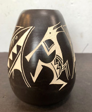 Native American Black over White Vase Hand painted and Etched Signed by Artist picture