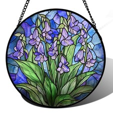 Stained Glass Suncatcher, Blue Purple Flowers Green Leaves Sun Catcher Plants... picture