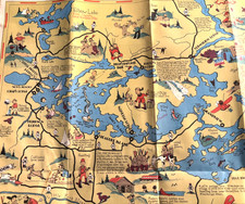 LAKE VERMILION Minnesota Large 40s Cartoon Map In Fold-Out Brochure picture