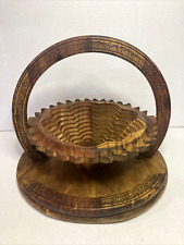 Unusual Wood Collapsible Basket Bowl Sunflower Design Handmade Wooden READ picture