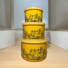 Vtg Ingrid Yellow Plastic 3 Canister With Lid  Set - Barnyard Animals picture