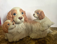 Ceramic Painted Dog Figurine with Two Puppies, White & Brown Animal Decor. picture