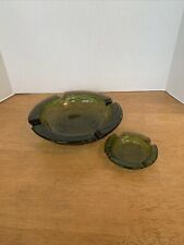 Lot of 2 Vintage Anchor Hocking Soreno MCM Green Ashtrays 1 Large & 1 Small picture