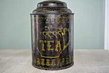 Antique Black Stenciled Tea Tin, Primitive Country Farmhouse Kitchen Decor picture