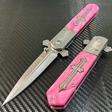 9” Pink Pearl Cross Tactical Spring Assisted Folding Pocket Knife Girl’s Knife picture