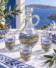 Vintage Greek Geraki Glass Decanter & 3 Shot Glasses Souvenir Set-Hand Painted picture