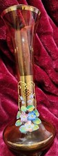 Vintage Amber Glass Handpainted Gold And Floral Gilded Vase , Nasco Japan 8 Inch picture