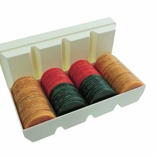 Crisloid Poker Chips Catalin Bakelite Set of 110 Butterscotch Red Green w/ Case picture