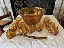 Indiana Glass Iridescent Marigold Carnival Glass Punch Bowl, 10 cups, Ladle picture