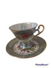 Norcrest China Tea Cup Saucer   Green  Pink Opalescent Footed Floral Roses 4 oz picture