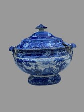 Antique Staffordshire Blue White Transferware Covered Soup Tureen Pastoral Scene picture