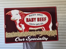 LARGE VINTAGE RUCHTI BABY BEEF CALIFORNIA PORCELAIN SIGN CAR GAS OIL 20x30