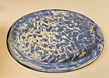 Vintage Blue White Swirl Enamelware Oval Meat Platter 14