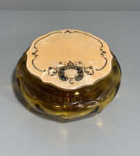 Vintage Amber Glass Vanity Powder Jar w/Peach Decorative Bakelite Plastic Lid picture