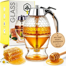 No-Drip Honey Dispenser Glass Jar with Stand - 8 Oz Honeycomb Design picture