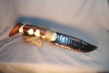 Large Triple Flow Obsidian Bowie Knife w Elk Antler & Walnut End Cap Handle picture