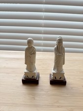 Vintage Chinese Style Porcelain Scholar Figurines Pair Crackle Glaze Wood Stands picture