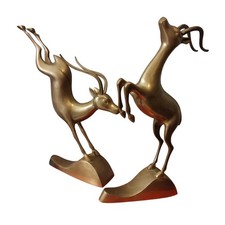 Vtg Art Deco Brass Antelope Gazelle on Curved Base Sculpture 12.5