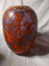 Vintage MSM Style Flattened Lava Art Glass Pillow Vase Mottled Red Purple 8.75