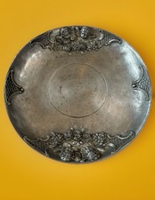 Antique Plate Dated 1893 German pewter Raised Angle & Roses 9” wide 1.3 Lbs  picture