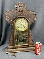 Antique Ingraham Pressed Oak Cabinet W/Ansonia 8 Day Spring Wound Clock Movement picture