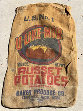 VTG U Like Mor Washington Russet Potatoes Burlap Bag 100 lb Gunny Sack Antique picture