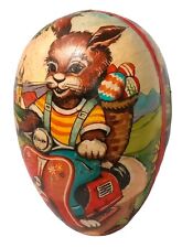 VTG 1950's Western Germany Paper Mache Easter Egg Bunny Rabbit Motorcycle Spring picture