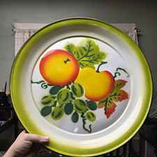 Vintage Metal Fruit Tray Green Rim Approx 18 in Dia picture