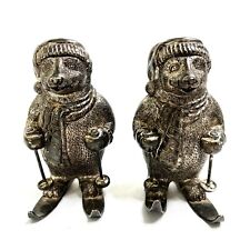 Towle Silverplate Candleholders Christmas Ski Bears with Natural Patina Set of 2 picture
