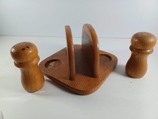 Vintage Kmart Wooden Napkin Holder Salt Pepper Shakers Combo Set Caddy Retro 8