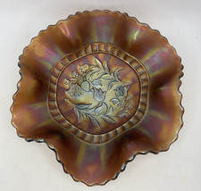 Ruffled Amethyst Bronze Carnival Glass Dugan Wildflower Scalloped 8.5  Dish Bowl picture