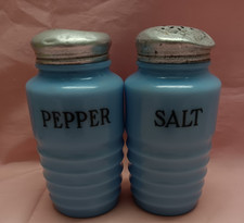 Vtg. 1930s Jeanette Depression Glass Delphite Blue Ribbed Salt & Pepper Shakers picture