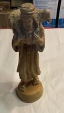 VTG Hand  Carved Wood Figurine Shepherd Holding a Sheep 9.5” picture