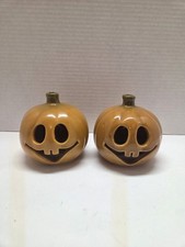 Vintage UPCO Style Ceramic Pumpkin Jack O Lantern Halloween Candle Holder Pair picture