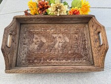 Rare Hand-Carved Wooden Tray Intricate Elephant, Snake & Bird Design 19”x12”x5” picture