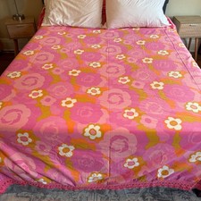 Vintage Wamsutta Full Size Bedspread Pink Psychedelic Floral Crochet Fringe 70s picture