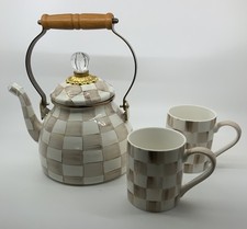 Mackenzie Childs New Mocha Check Enamel 2 Quart Tea Kettle & 2 Porcelain  Mugs picture