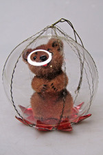 VTG Clear Glass Diorama Baby BEAR Crinkle Wire Ball Christmas Ornament Germany picture